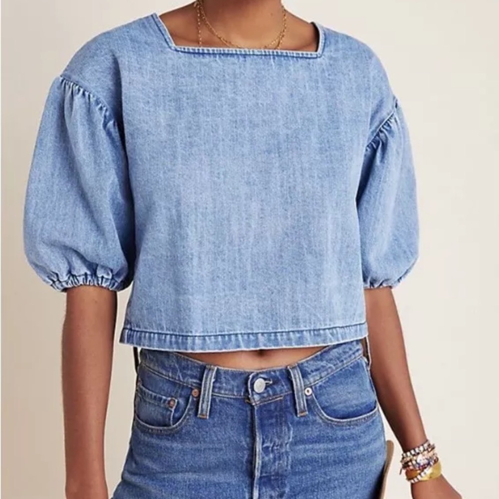 Anthropology Women's Light Blue Denim Puff Sleeve Cropped Blouse